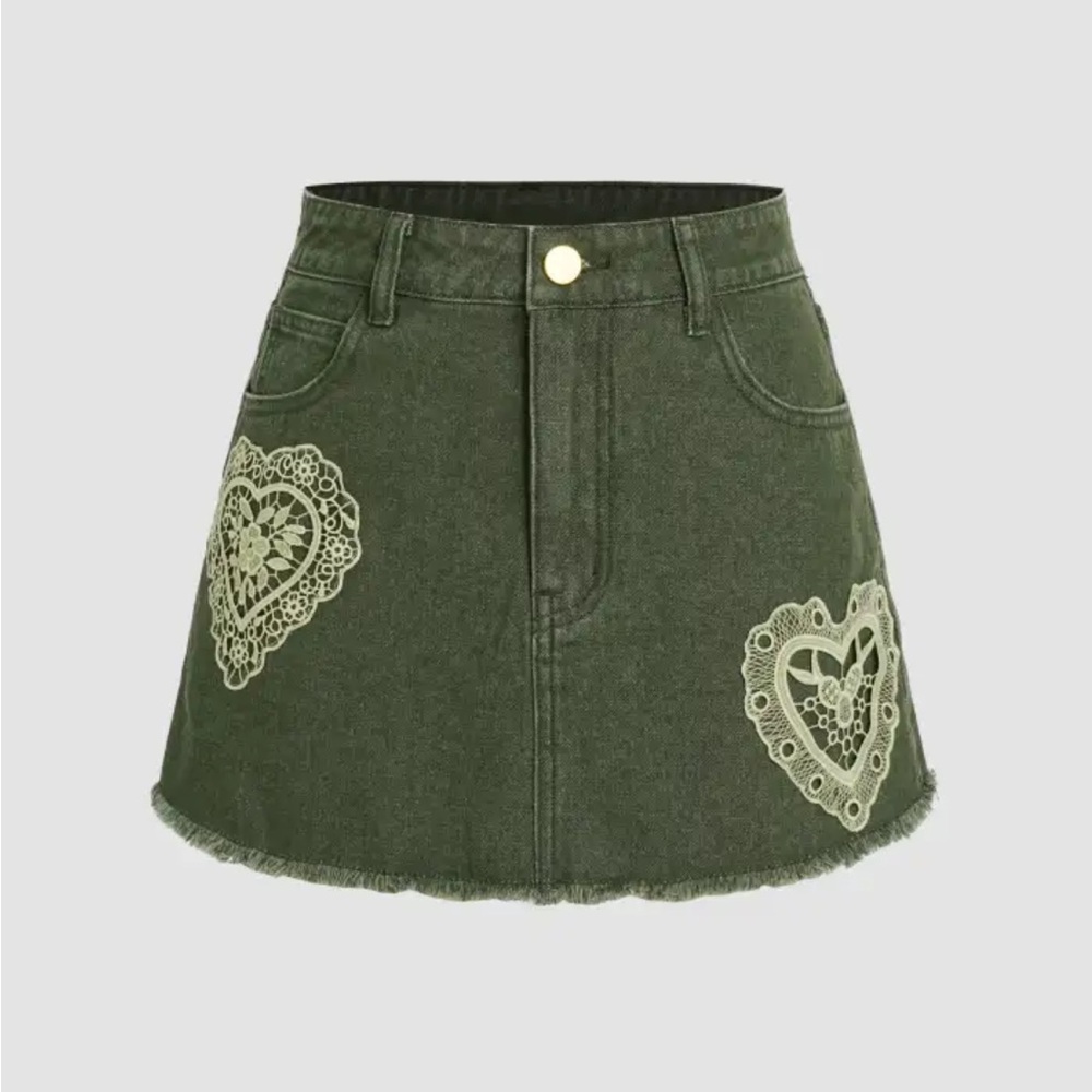 denim fringe heart mini skirt